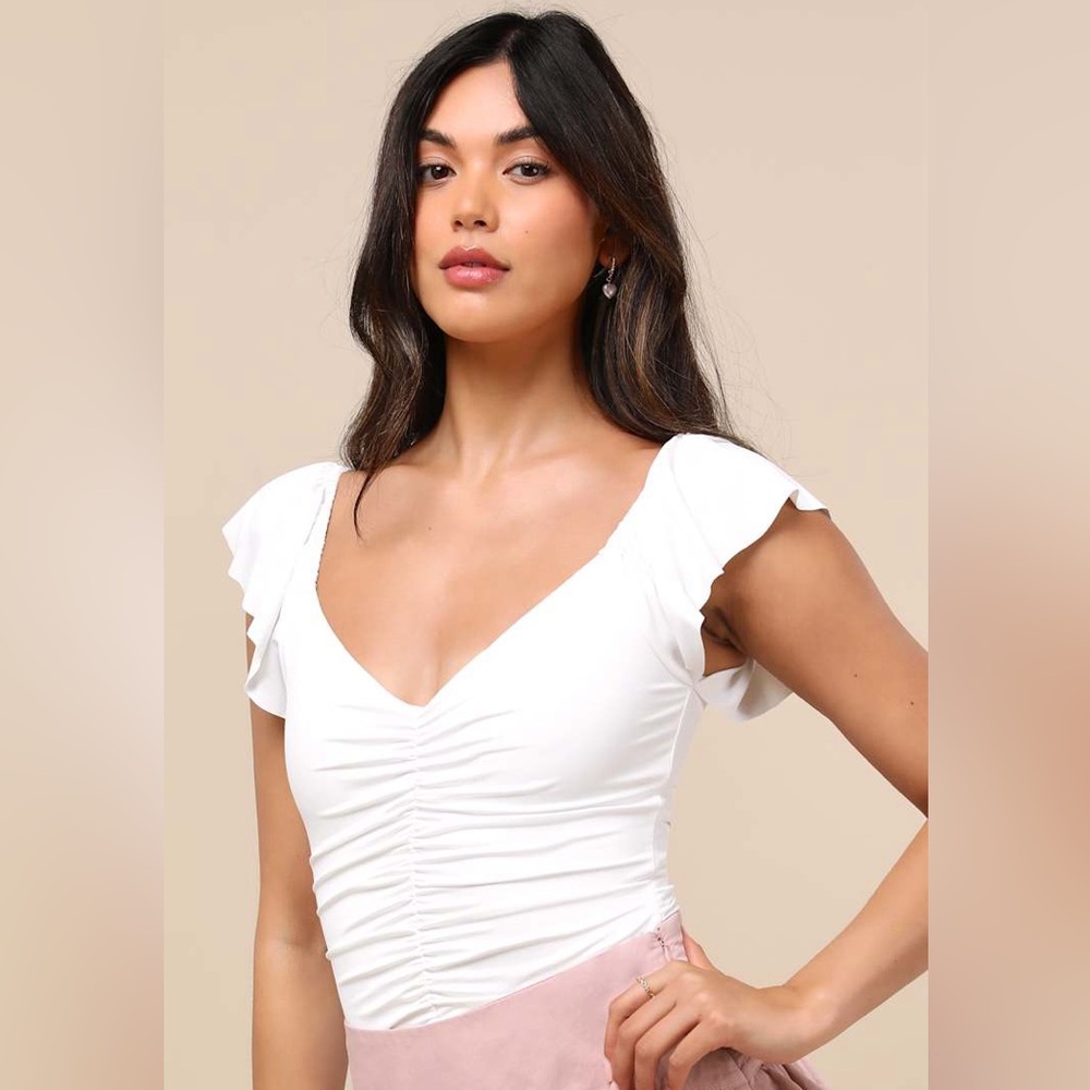 Lulu's White Ruched Bodysuit with Ruffle Sleeves